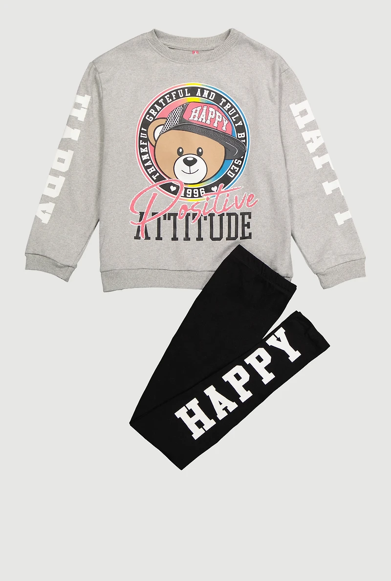 Girls Positive Attitude Bear Graphic Sweatshirt and Leggings, Grey, Size 10-12