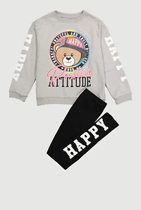 Girls Positive Attitude Bear Graphic Sweatshirt and Leggings, Grey, Size 10-12
