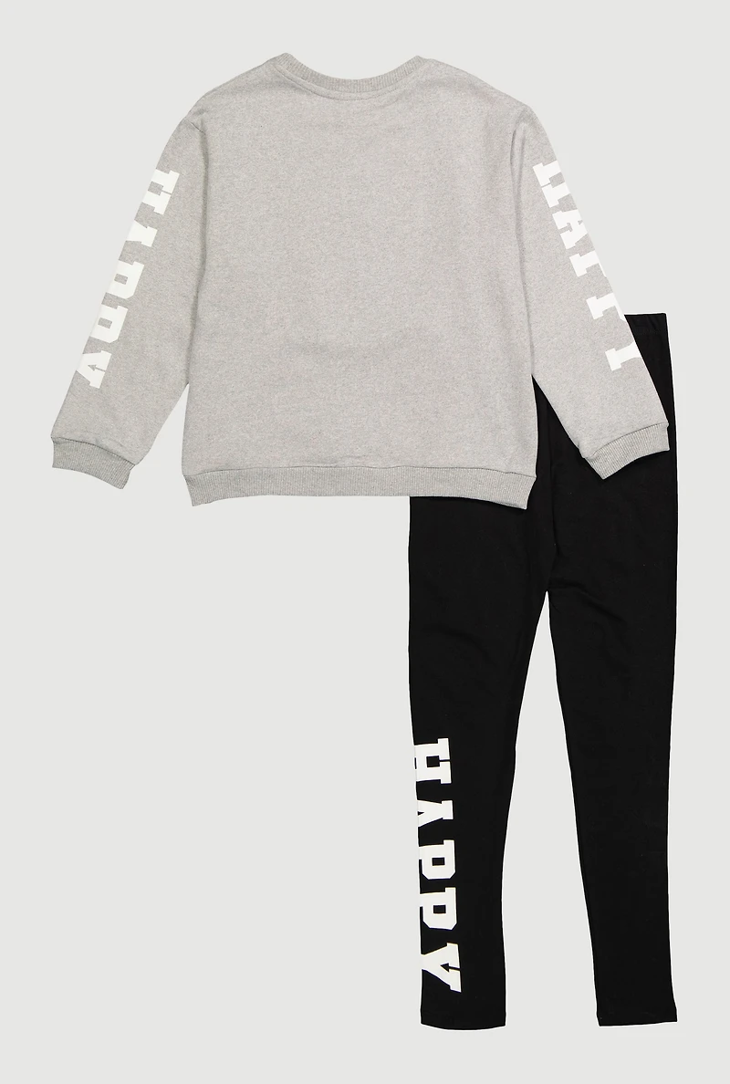 Girls Positive Attitude Bear Graphic Sweatshirt and Leggings, Grey, Size 7-8
