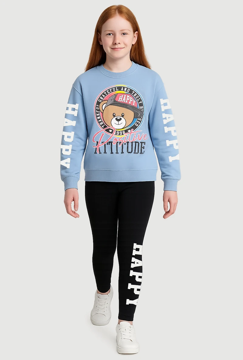 Girls Positive Attitude Bear Graphic Sweatshirt and Leggings, Blue, Size 10-12