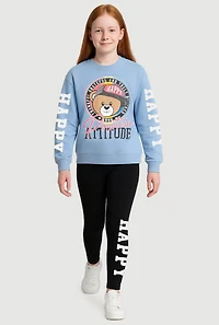 Girls Positive Attitude Bear Graphic Sweatshirt and Leggings, Blue, Size 10-12