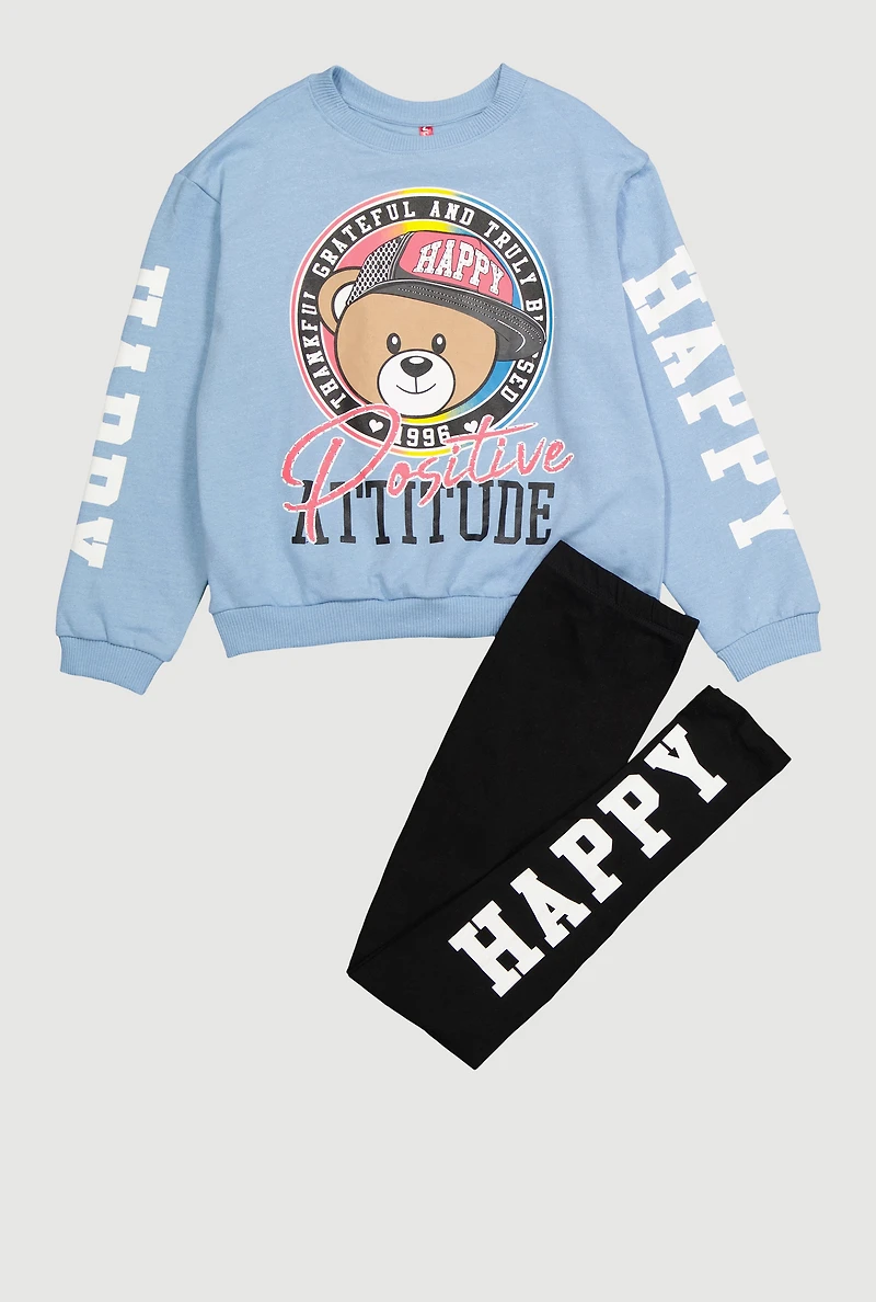 Girls Positive Attitude Bear Graphic Sweatshirt and Leggings, Blue, Size 10-12
