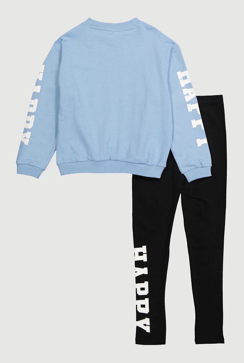 Girls Positive Attitude Bear Graphic Sweatshirt and Leggings, Blue, Size 10-12