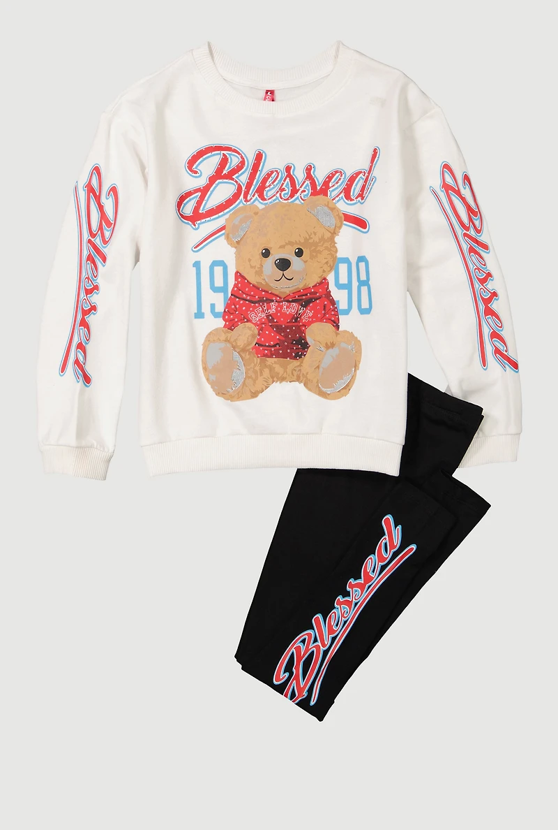 Girls Blessed Bear 1998 Sweatshirt and Leggings, White, Size 7-8