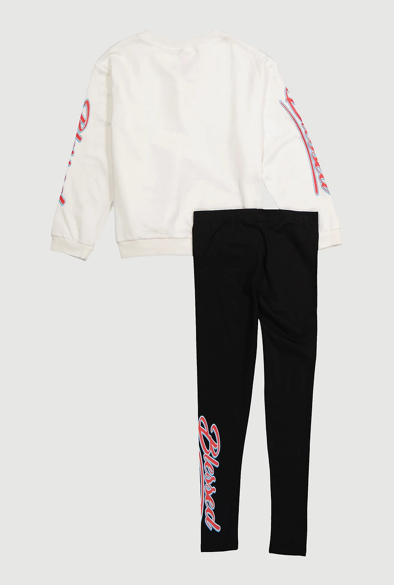Girls Blessed Bear 1998 Sweatshirt and Leggings, White, Size 7-8