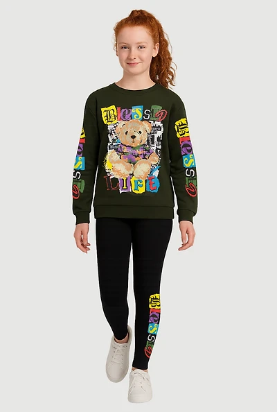 Girls Blessed Life Bear Sweatshirt and Leggings, Green, Size 10-12