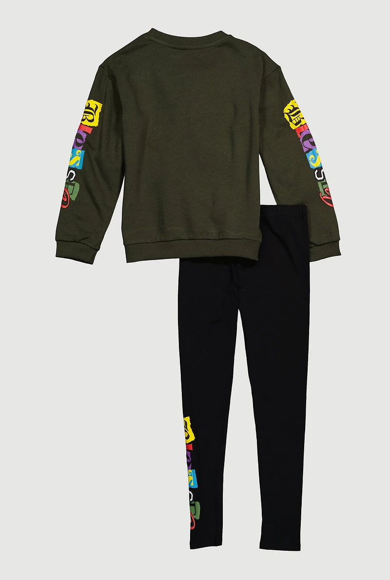 Girls Blessed Life Bear Sweatshirt and Leggings, Green, Size 10-12