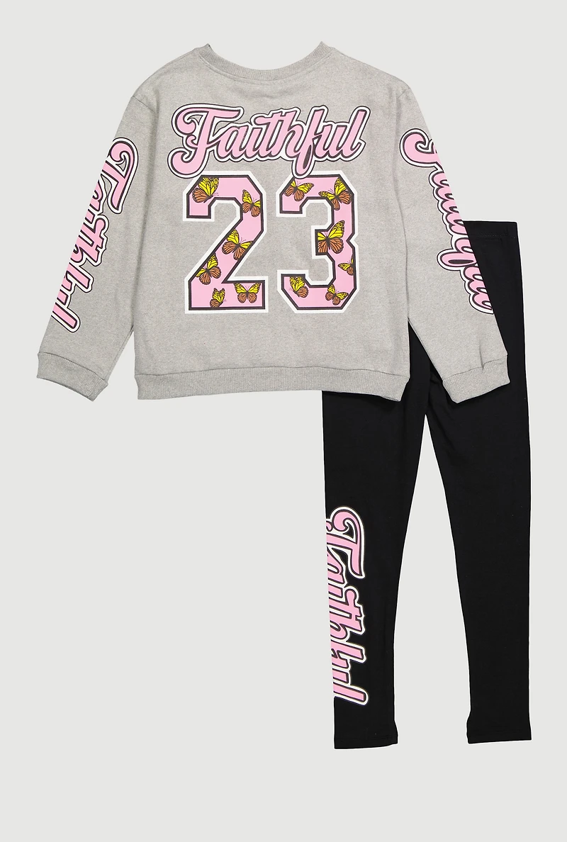 Girls Faithful 23 Graphic Tee and Leggings Set, Grey,