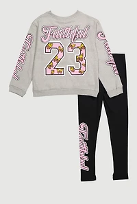 Girls Faithful 23 Graphic Tee and Leggings Set, Grey,