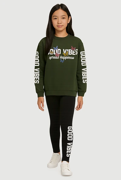 Girls Good Vibes Spread Happiness Sweatshirt and Leggings, Green, Size 7-8