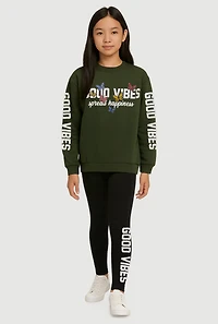 Girls Good Vibes Spread Happiness Sweatshirt and Leggings, Green, Size 7-8