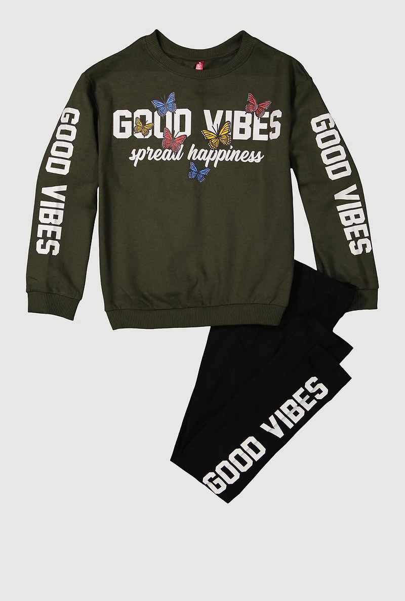 Girls Good Vibes Spread Happiness Sweatshirt and Leggings, Green, Size 7-8