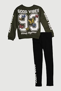 Girls Good Vibes Spread Happiness Sweatshirt and Leggings, Green, Size 7-8