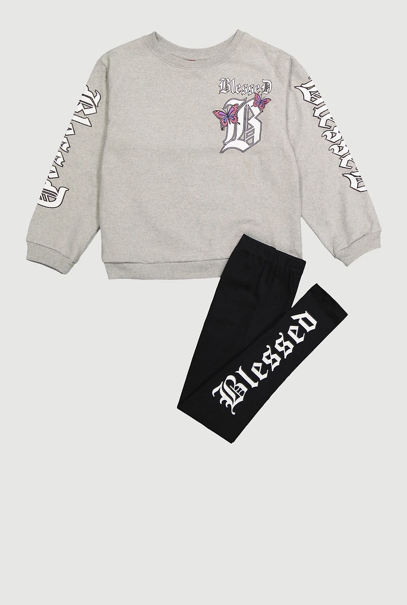 Girls Blessed Graphic Sweatshirt and Leggings, Grey, Size 10-12