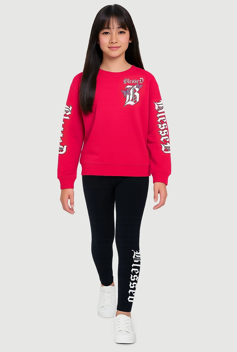Girls Blessed Graphic Sweatshirt and Leggings, Pink,