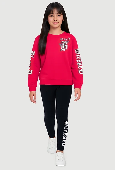 Girls Blessed Graphic Sweatshirt and Leggings, Pink,