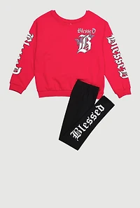 Girls Blessed Graphic Sweatshirt and Leggings, Pink,