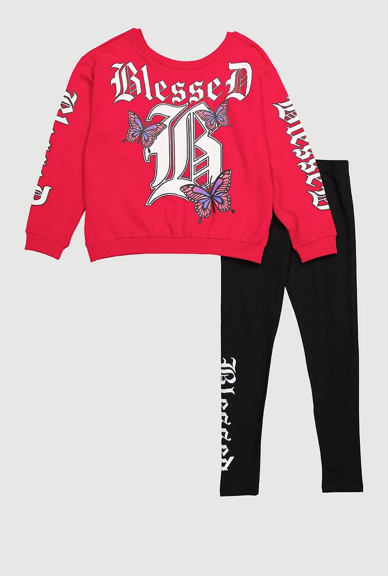 Girls Blessed Graphic Sweatshirt and Leggings, Pink,