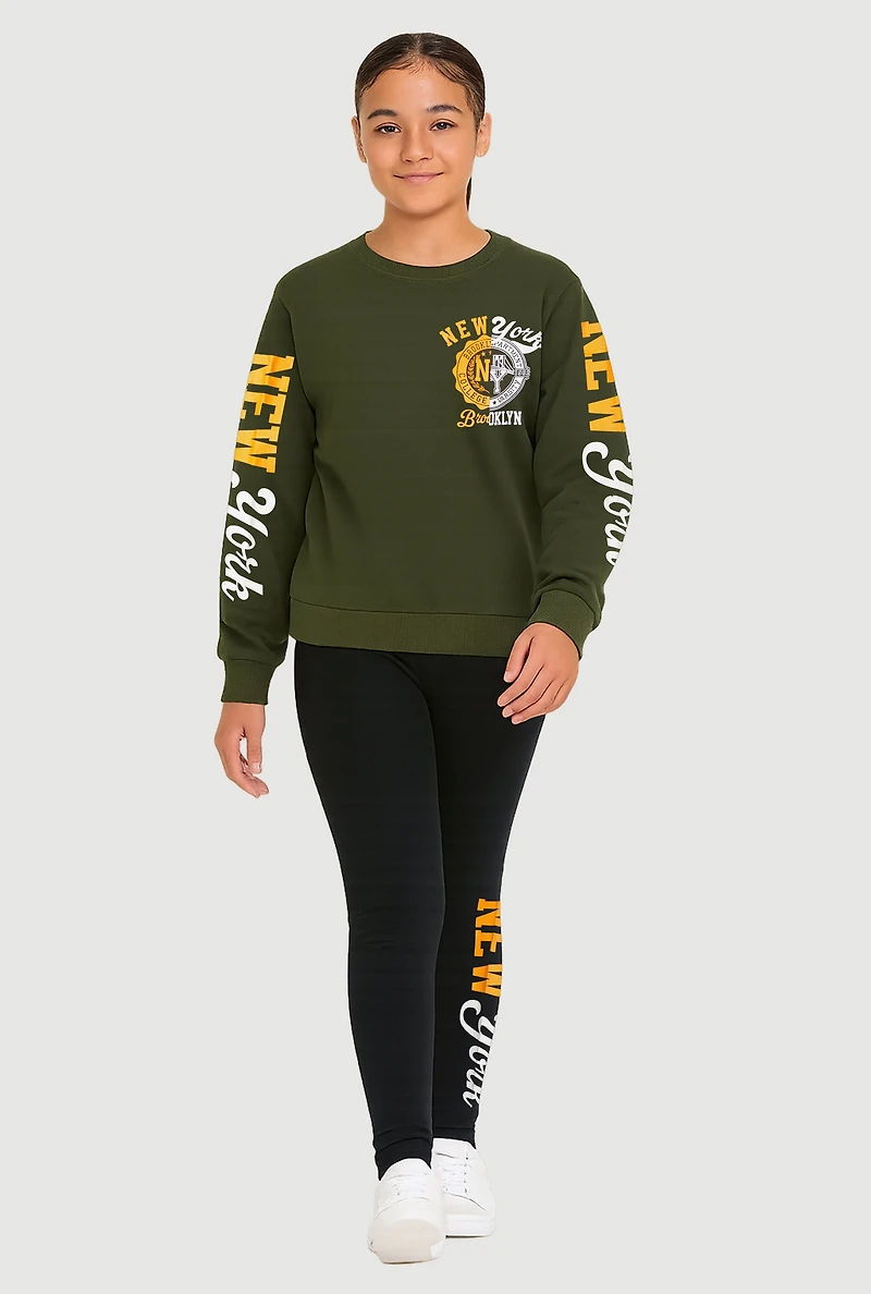 Girls New York Fleece Graphic Sweatshirt and Leggings, Green, Size 10-12