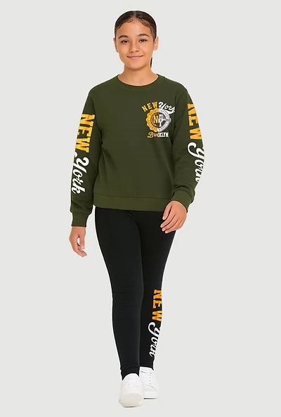 Girls New York Fleece Graphic Sweatshirt and Leggings, Green, Size 10-12