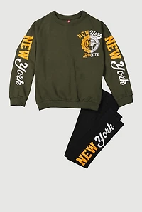 Girls New York Fleece Graphic Sweatshirt and Leggings, Green, Size 10-12