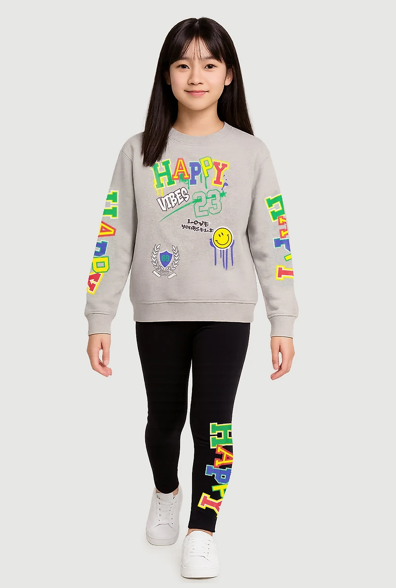 Girls Happy Vibes 23 Graphic Sweater and Leggings, Grey,