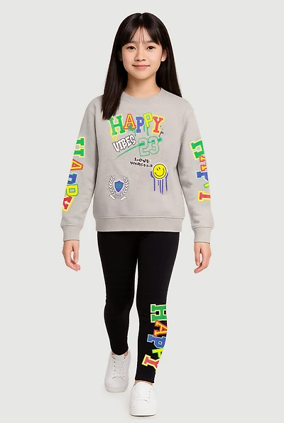 Girls Happy Vibes 23 Graphic Sweater and Leggings, Grey,