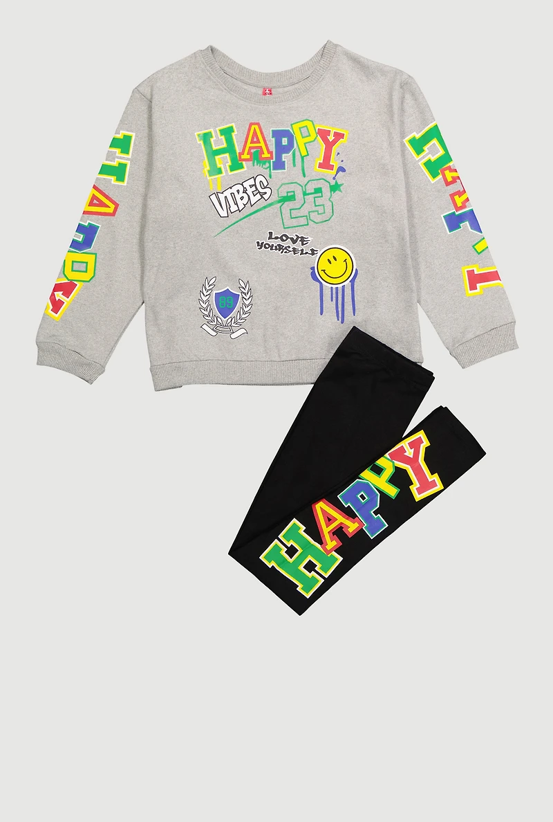 Girls Happy Vibes 23 Graphic Sweater and Leggings, Grey,