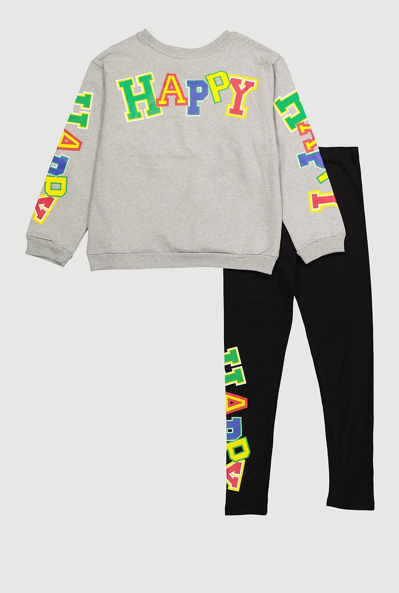 Girls Happy Vibes 23 Graphic Sweater and Leggings, Grey,