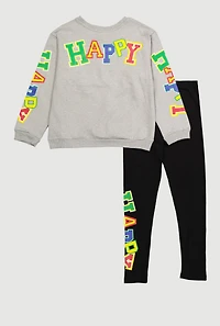 Girls Happy Vibes 23 Graphic Sweater and Leggings, Grey,