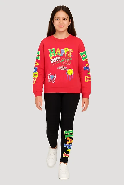 Girls Happy Vibes 23 Graphic Sweater and Leggings, Pink, Size 14-16