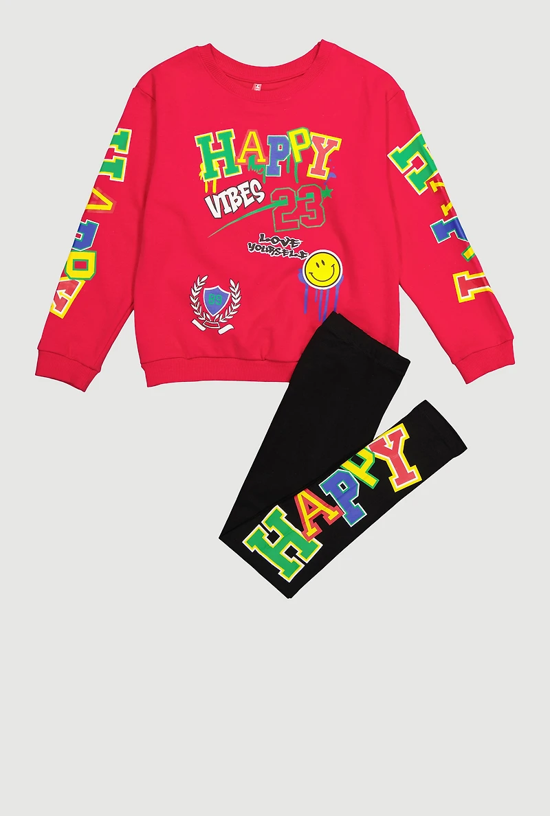 Girls Happy Vibes 23 Graphic Sweater and Leggings, Pink, Size 14-16
