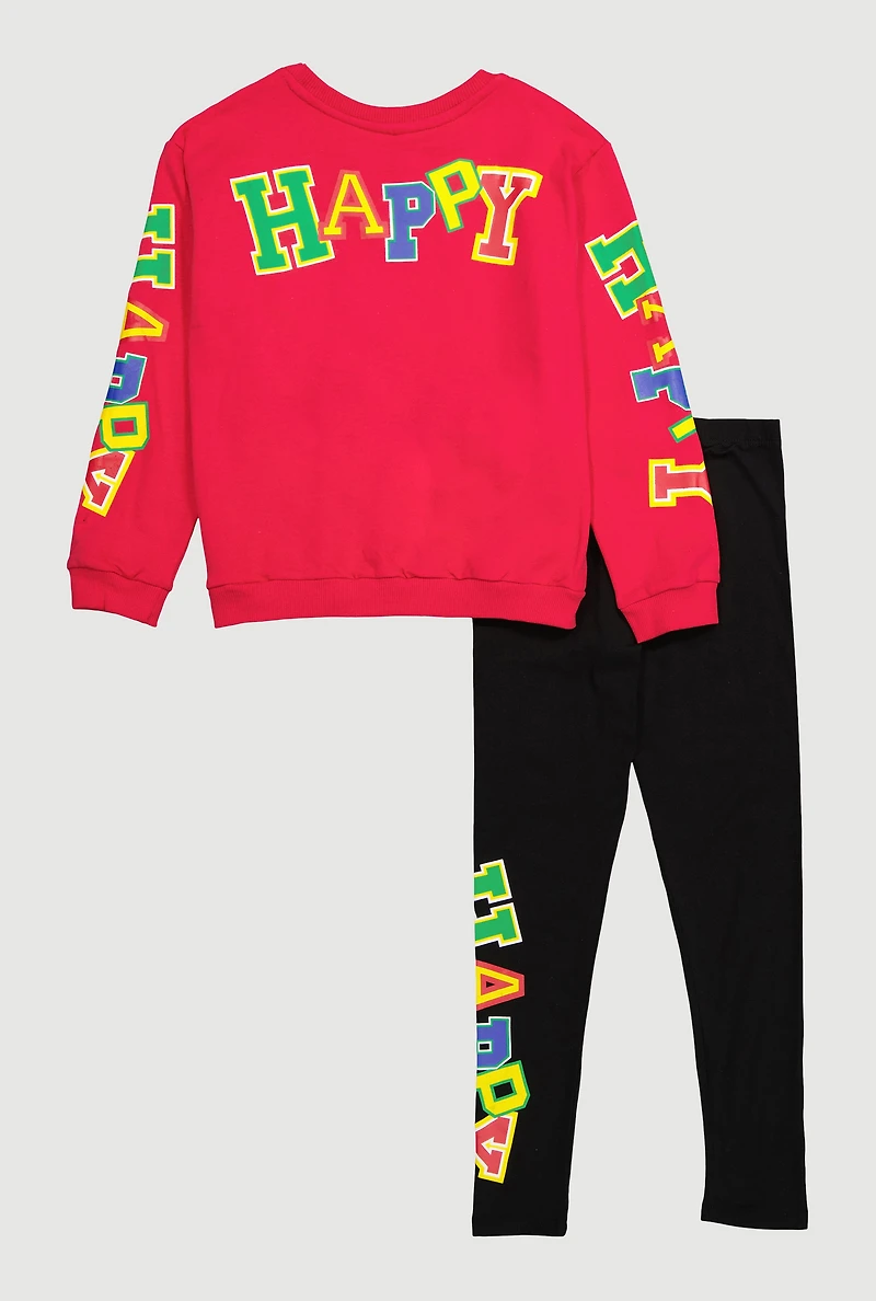 Girls Happy Vibes 23 Graphic Sweater and Leggings, Pink, Size 14-16