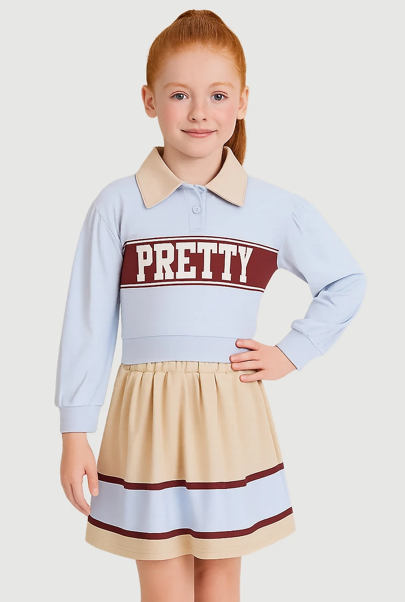 Little Girls Pretty Graphic Polo Top and Color Block Skirt,