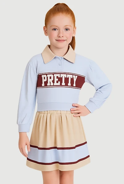 Little Girls Pretty Graphic Polo Top and Color Block Skirt, Blue, Size 6X