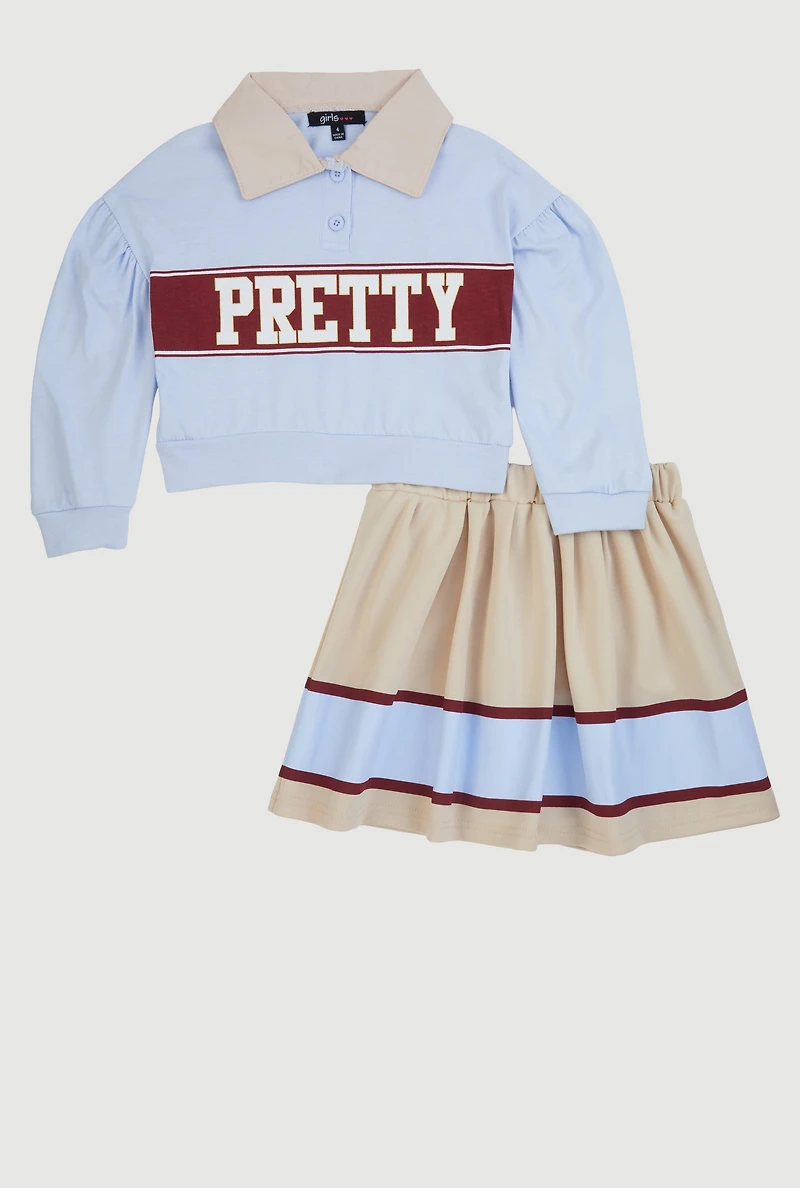Little Girls Pretty Graphic Polo Top and Color Block Skirt,
