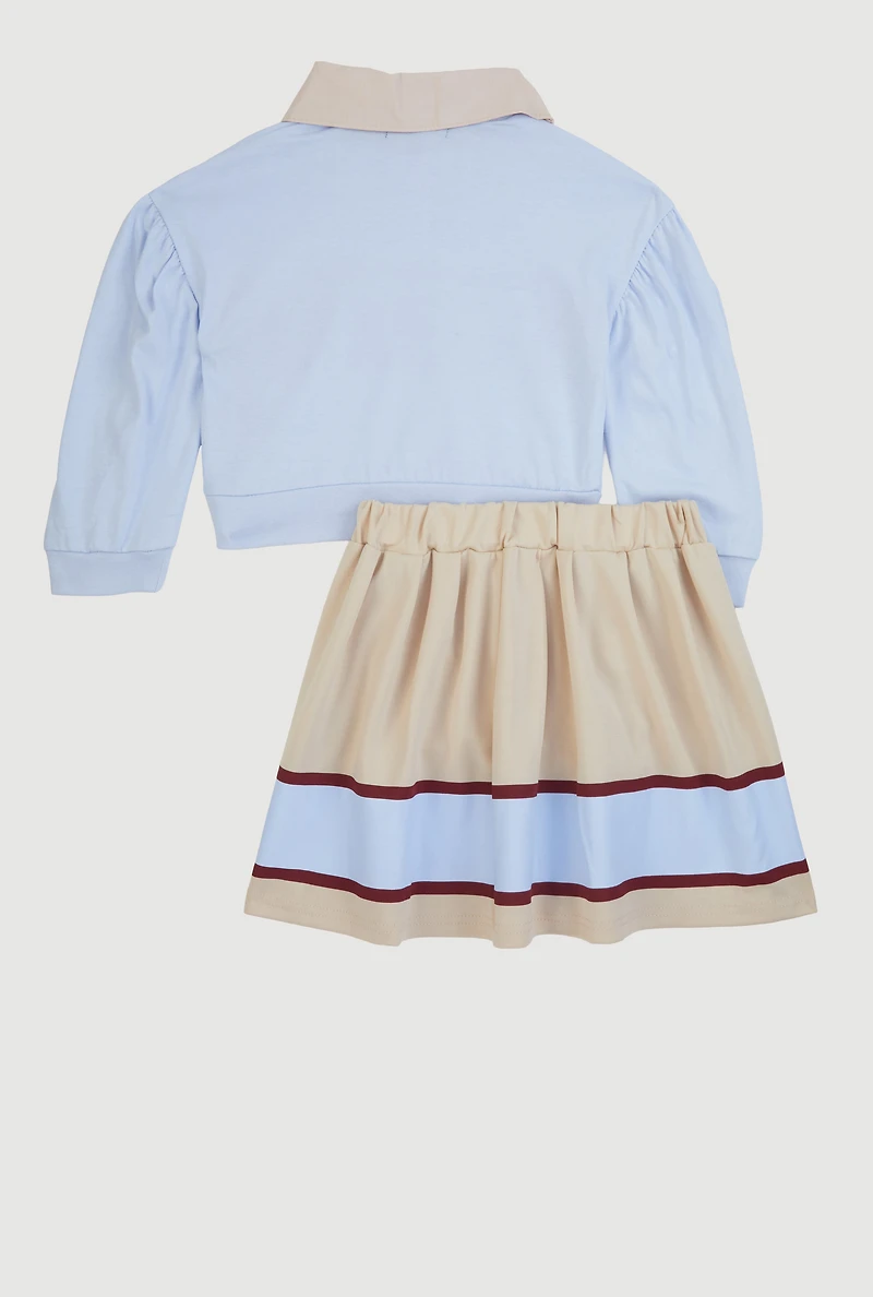 Little Girls Pretty Graphic Polo Top and Color Block Skirt