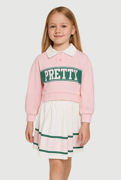 Little Girls Pretty Graphic Polo Top and Color Block Skirt, Pink, Size 6X
