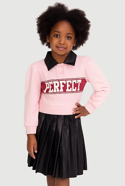 Little Girls Perfect Graphic Polo Top and Faux Leather Skirt,