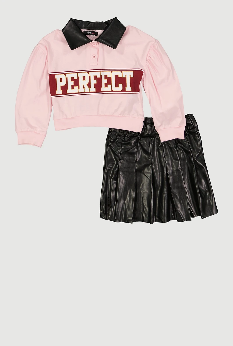 Little Girls Perfect Graphic Polo Top and Faux Leather Skirt, Black, Size 6X