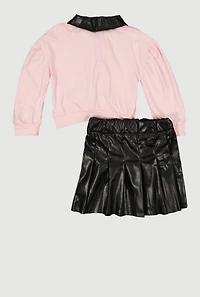 Little Girls Perfect Graphic Polo Top and Faux Leather Skirt, Black, Size 6X