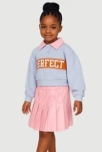 Little Girls Perfect Graphic Polo Top and Faux Leather Skirt, Blue, Size 6X