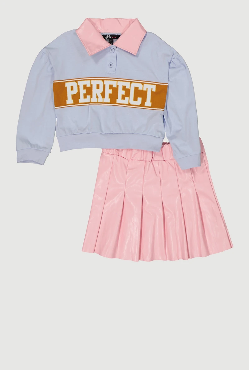 Little Girls Perfect Graphic Polo Top and Faux Leather Skirt, Blue, Size 6X