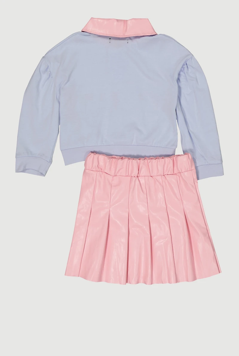 Little Girls Perfect Graphic Polo Top and Faux Leather Skirt, Blue, Size 6X