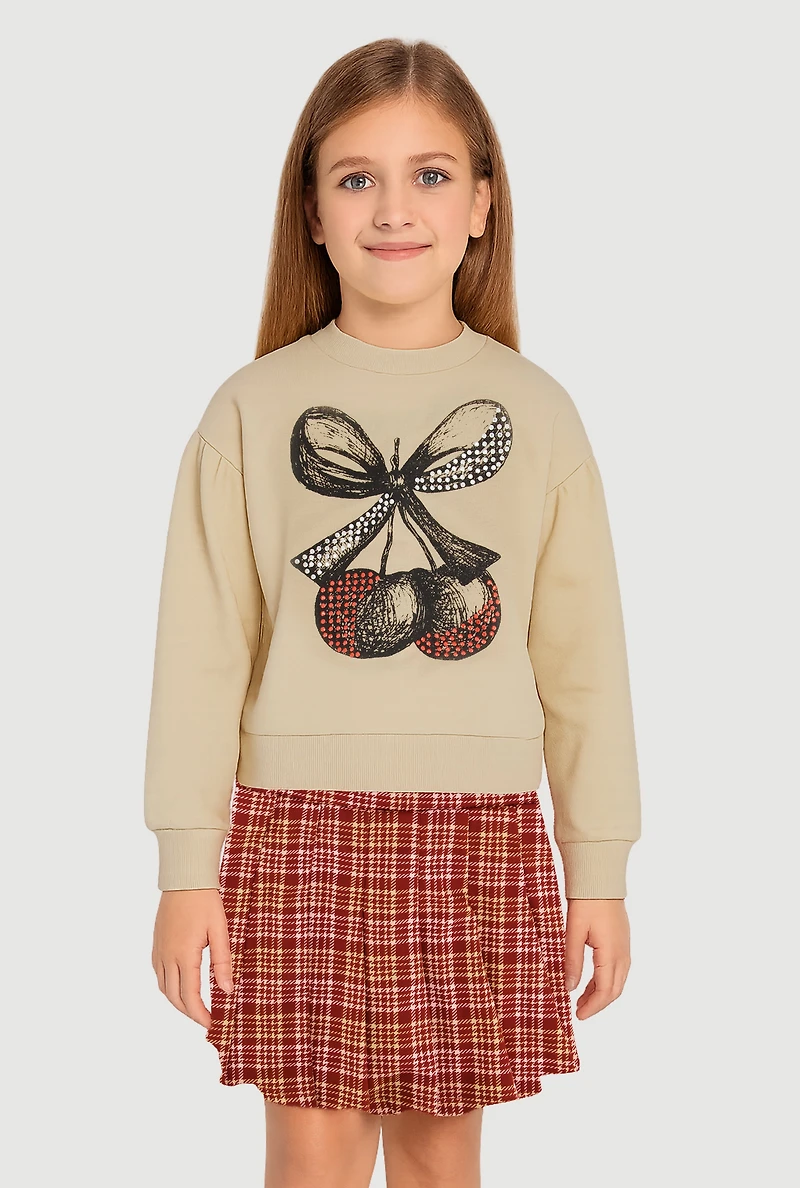 Little Girls Rhinestone Bow Cherry Graphic Sweatshirt and Plaid Pleated Skirt, 6X