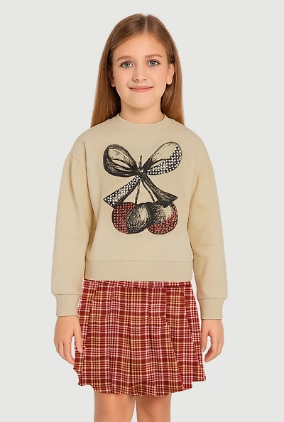 Little Girls Rhinestone Bow Cherry Graphic Sweatshirt and Plaid Pleated Skirt