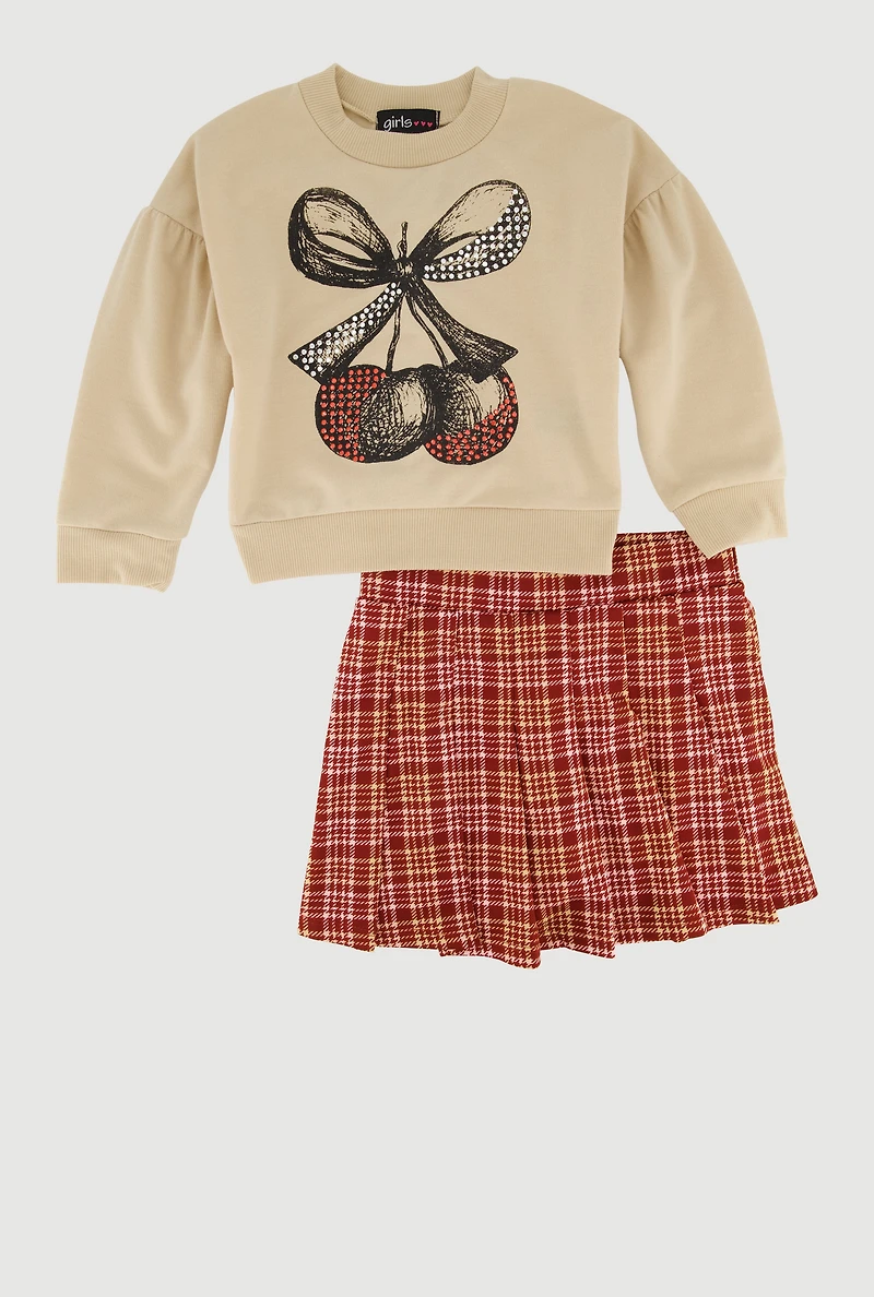 Little Girls Rhinestone Bow Cherry Graphic Sweatshirt and Plaid Pleated Skirt, Multi, Size 4