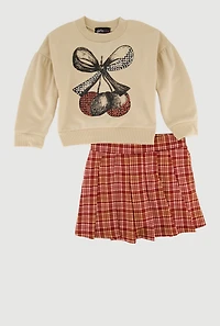 Little Girls Rhinestone Bow Cherry Graphic Sweatshirt and Plaid Pleated Skirt, Multi, Size 4