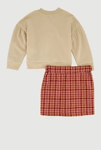 Little Girls Rhinestone Bow Cherry Graphic Sweatshirt and Plaid Pleated Skirt, Multi, Size 4