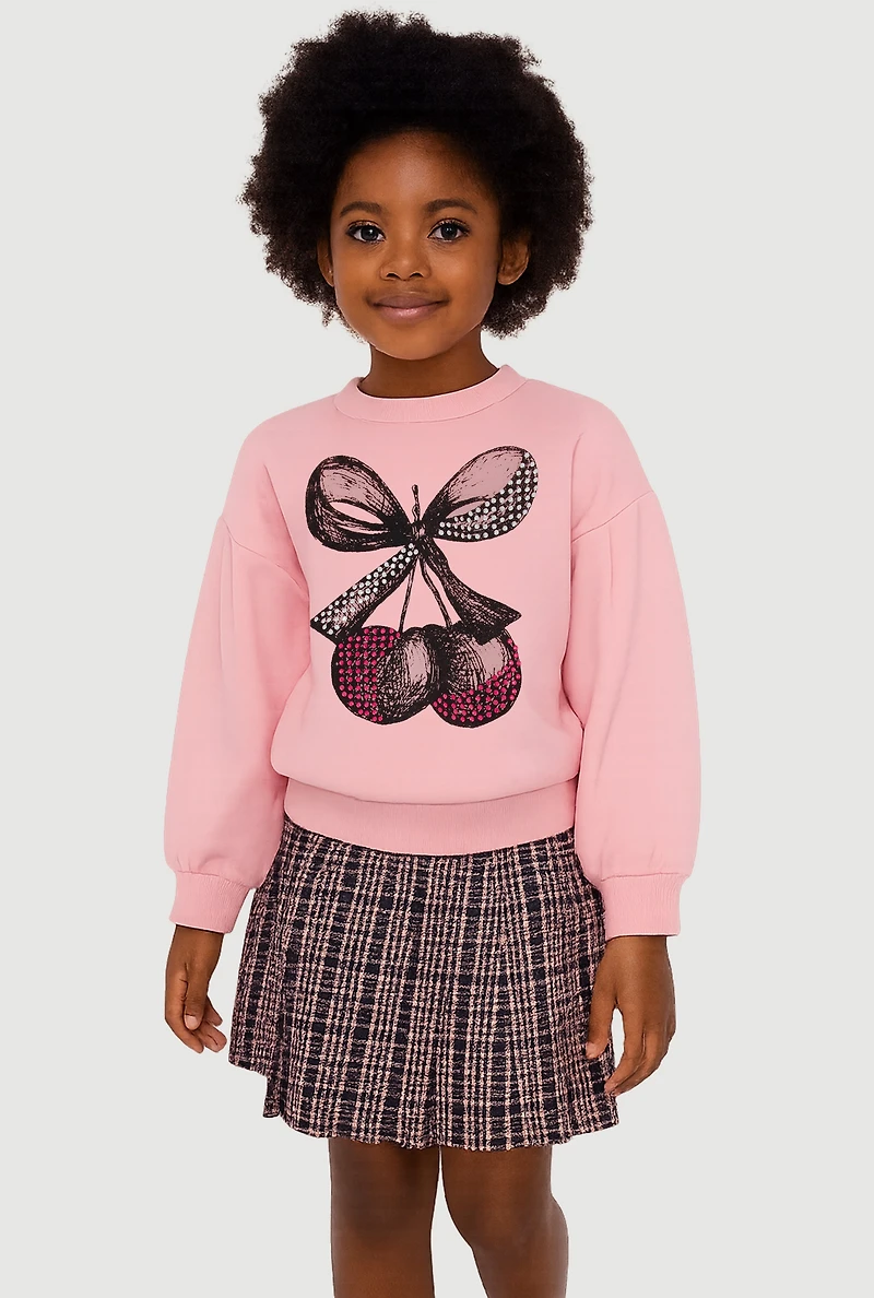 Little Girls Rhinestone Bow Cherry Graphic Sweatshirt and Plaid Pleated Skirt, Pink, Size 6X